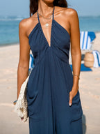 Casual Women's Jumpsuit with Deep Neckline and Pockets