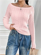Women's Chunky Knit Sweater with Open Shoulder and Cable Knit Pattern