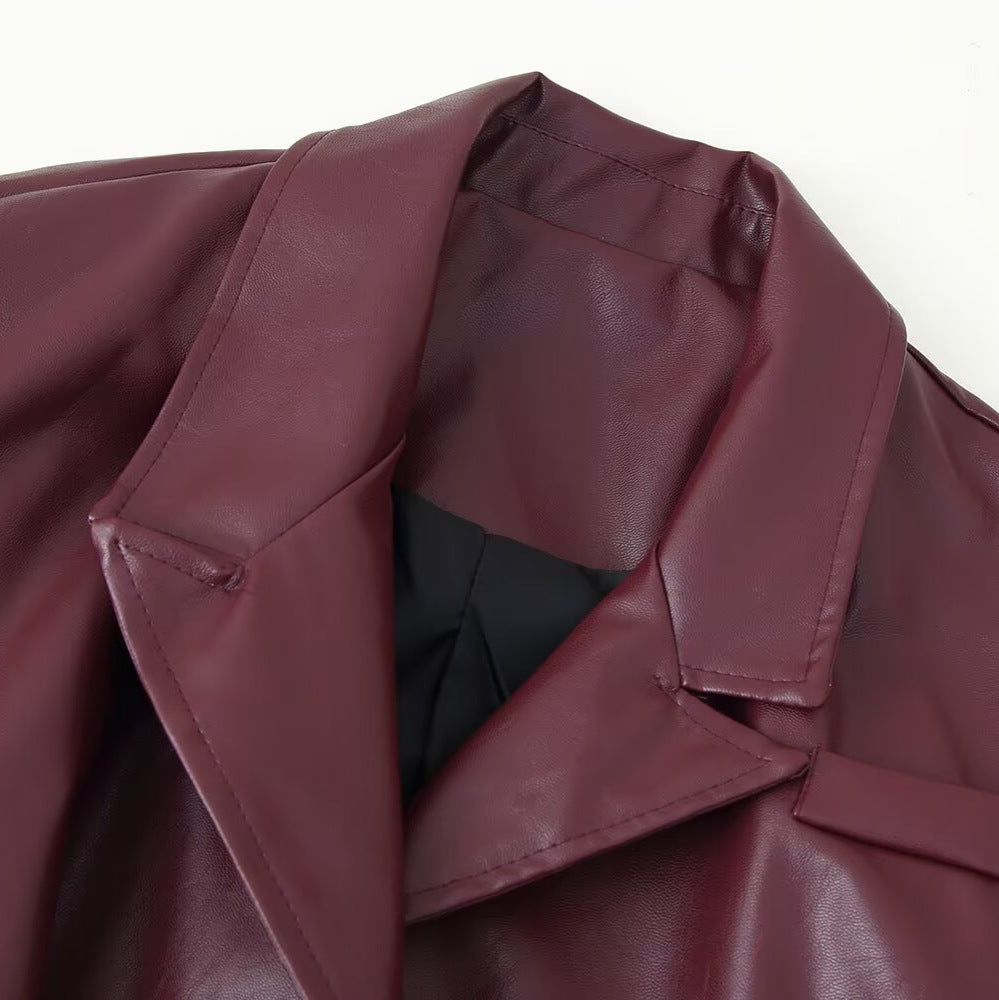 Women's Elegant Faux Leather Jacket with Tie Belt