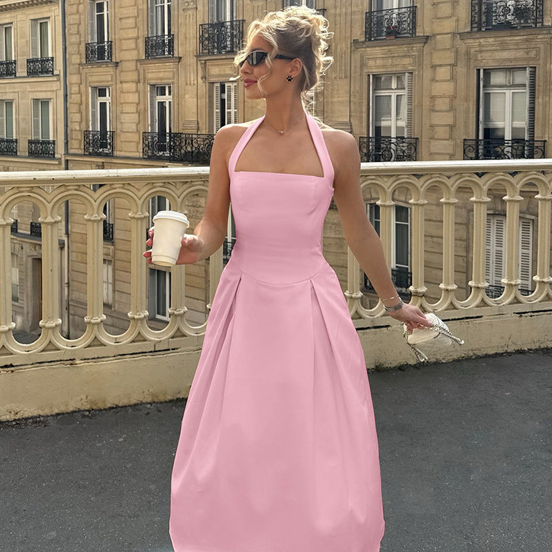 Women's Maxi Dress with Square Neckline and Waist Tie