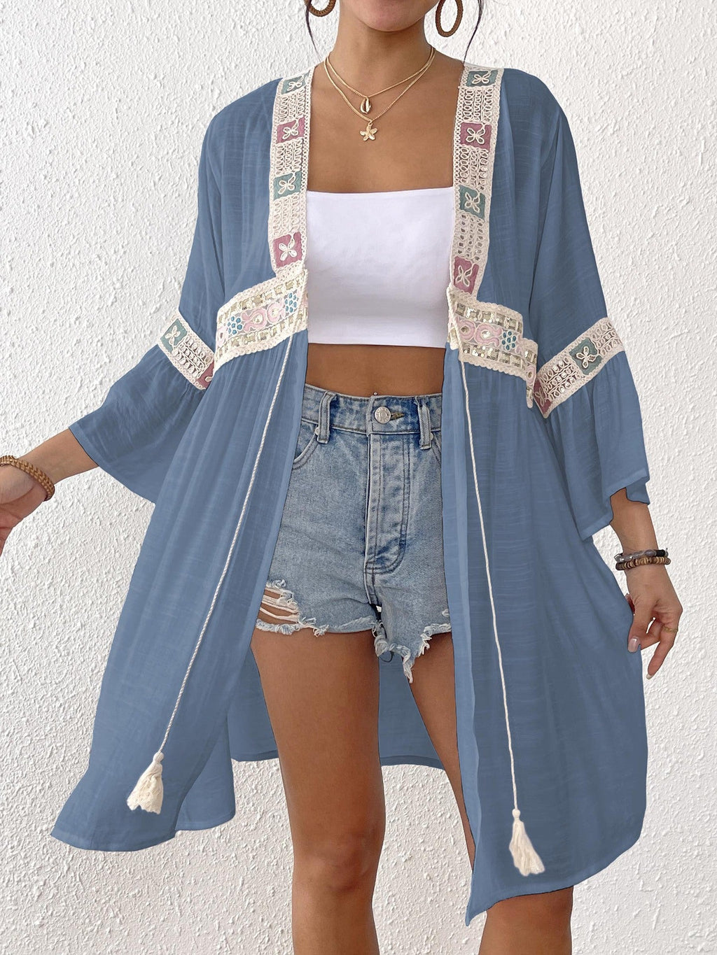 Women's Airy Beach Kimono with Floral Embroidery