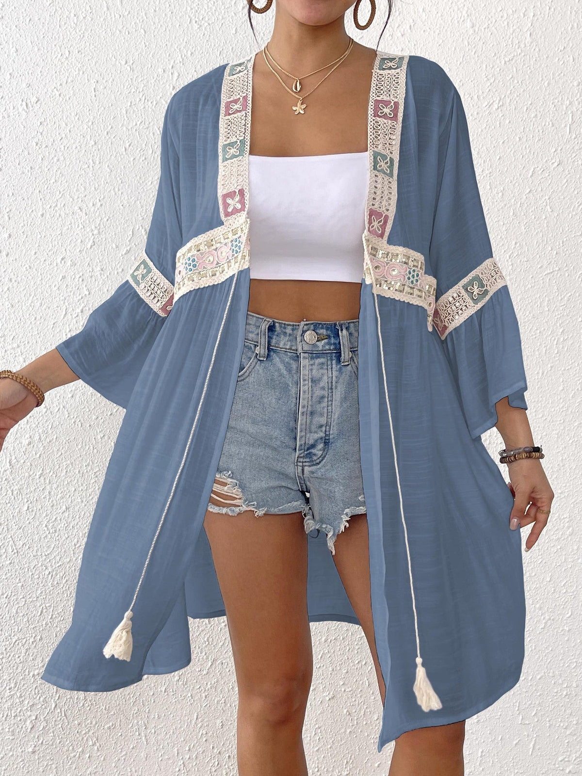 Women's Airy Beach Kimono with Floral Embroidery