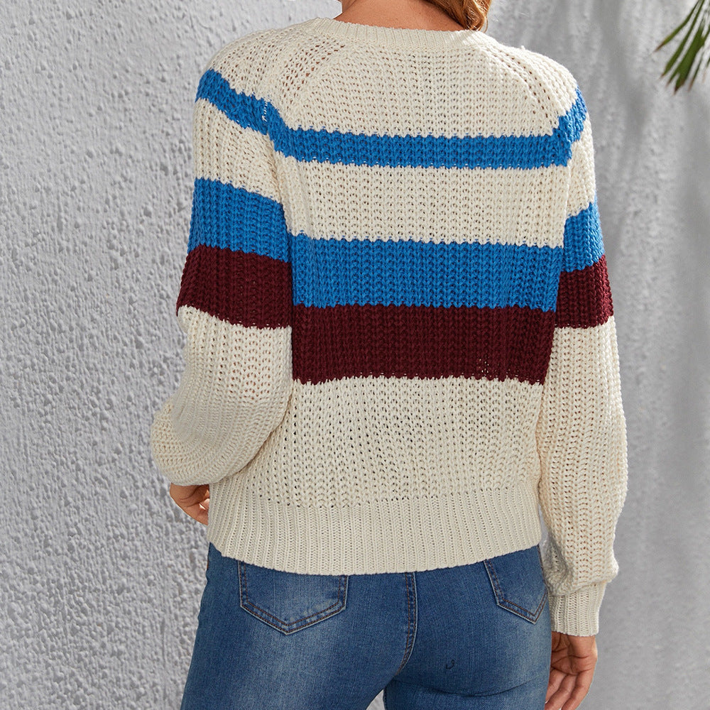 Women's Cotton Pullover with Modern Block Stripes and Crew Neck