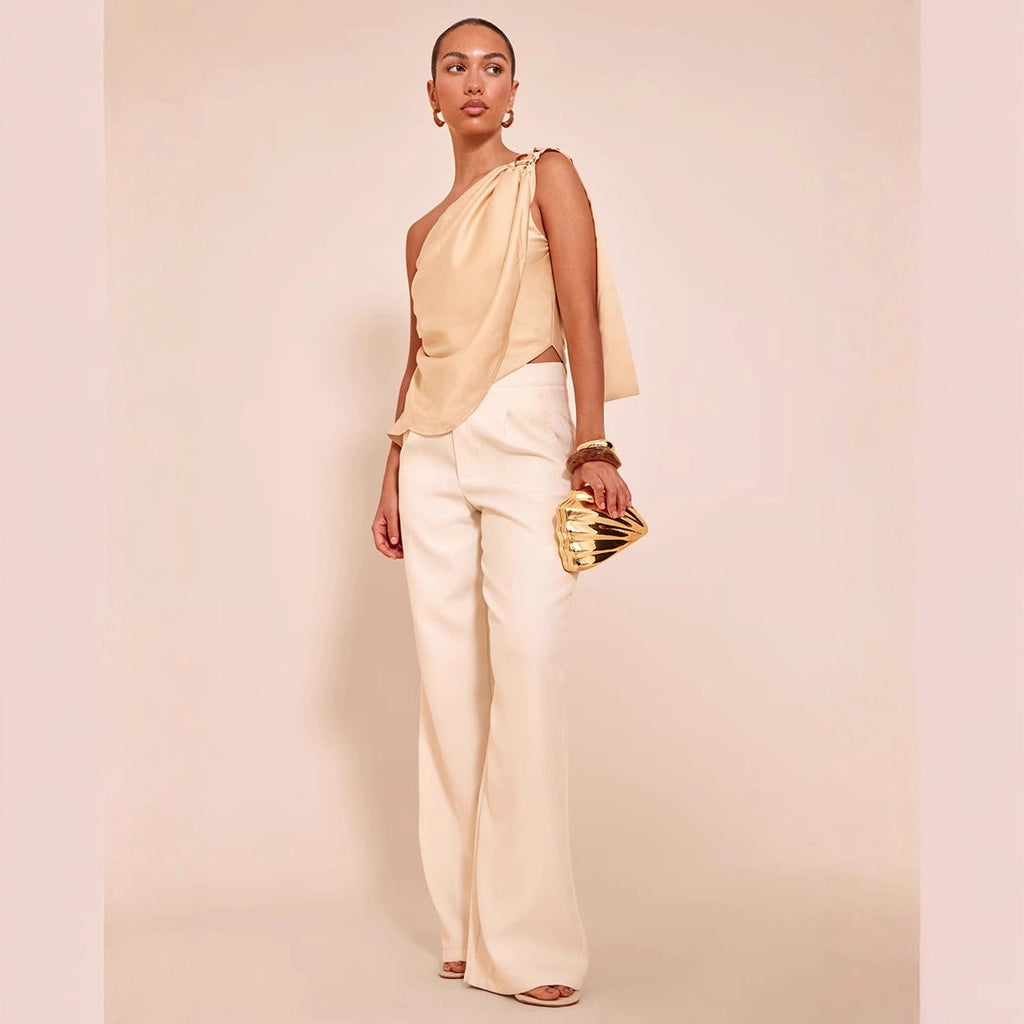 Women's Asymmetrical Satin Top with Draped Hem
