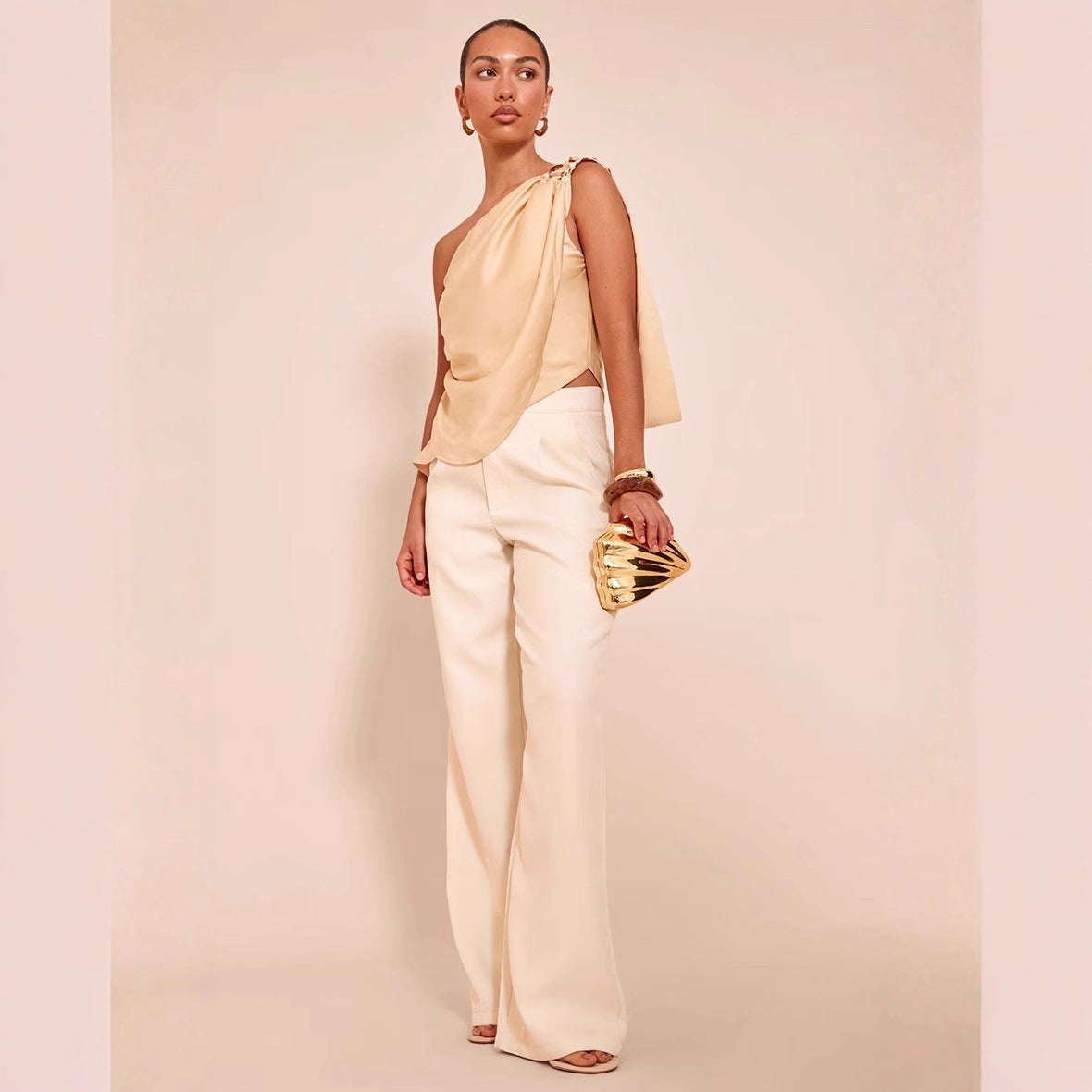 Women's Asymmetrical Satin Top with Draped Hem