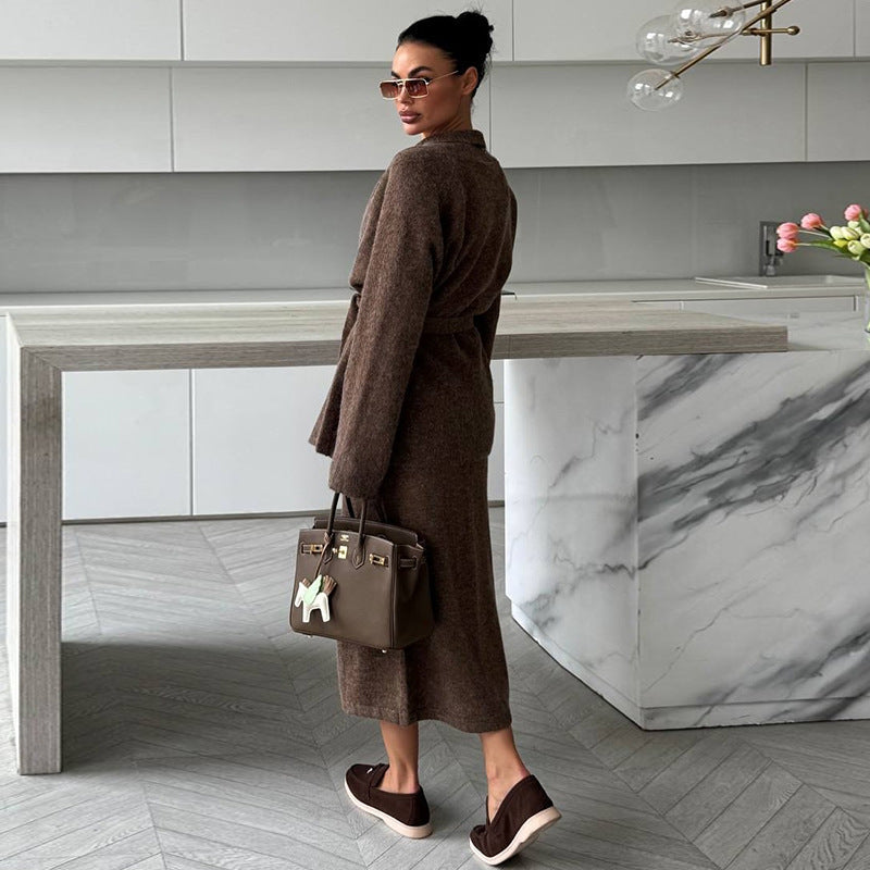 Women's Elegant Knit Ensemble with Wrap Jacket and Pencil Skirt