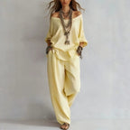 Women's Casual Lightweight Lounge Set with Off-the-Shoulder Neckline and Palazzo Pants