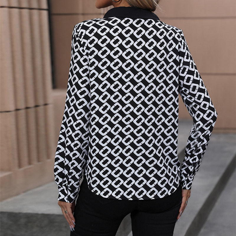 Women's Elegant Blouse with Modern Graphic Pattern and Tie Closure