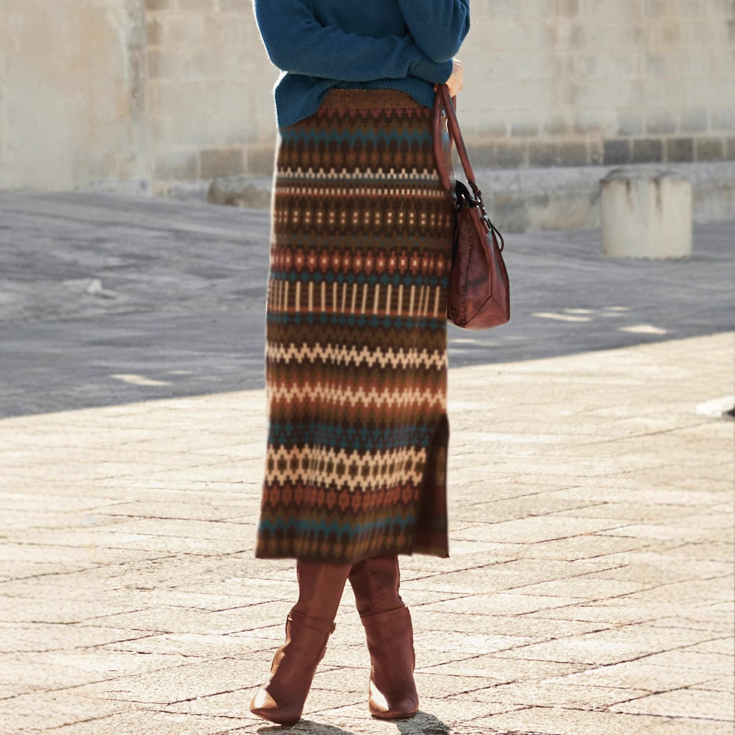 Women's Maxi Skirts with Modern Ethnic Pattern and Elastic Waistband
