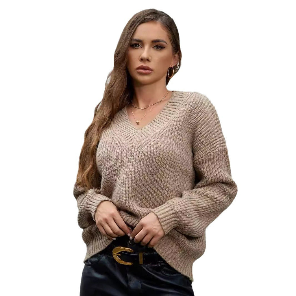 Women's Cozy V-Neck Knit Sweater with Relaxed Fit and Textured Pattern
