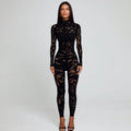 Women's Form-Fitting Mesh Jumpsuit with Long Sleeves and High Neck