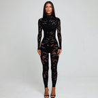 Women's Form-Fitting Mesh Jumpsuit with Long Sleeves and High Neck