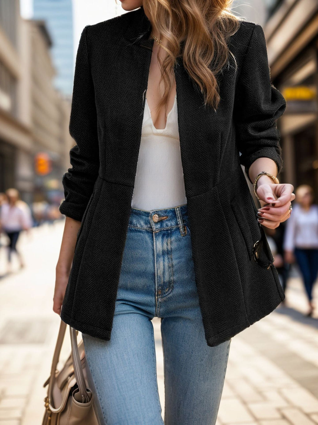 Women's Elegant Blazer with Honeycomb Texture and Tailored Cut