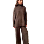 Women's Cozy Knit Ensemble with High Collar and Wide-Leg Pants