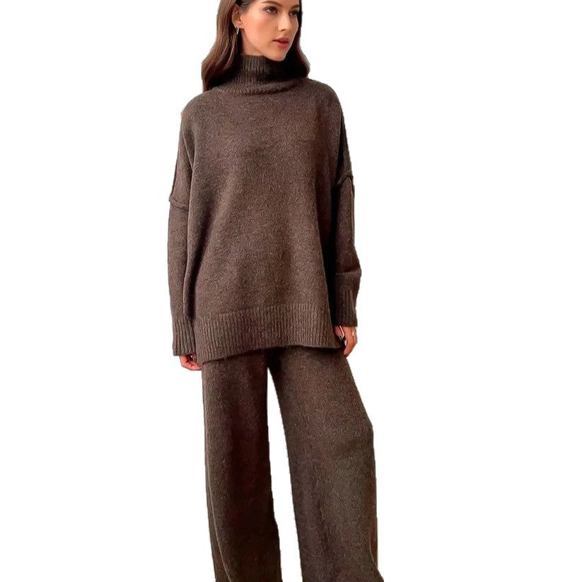 Women's Cozy Knit Ensemble with High Collar and Wide-Leg Pants