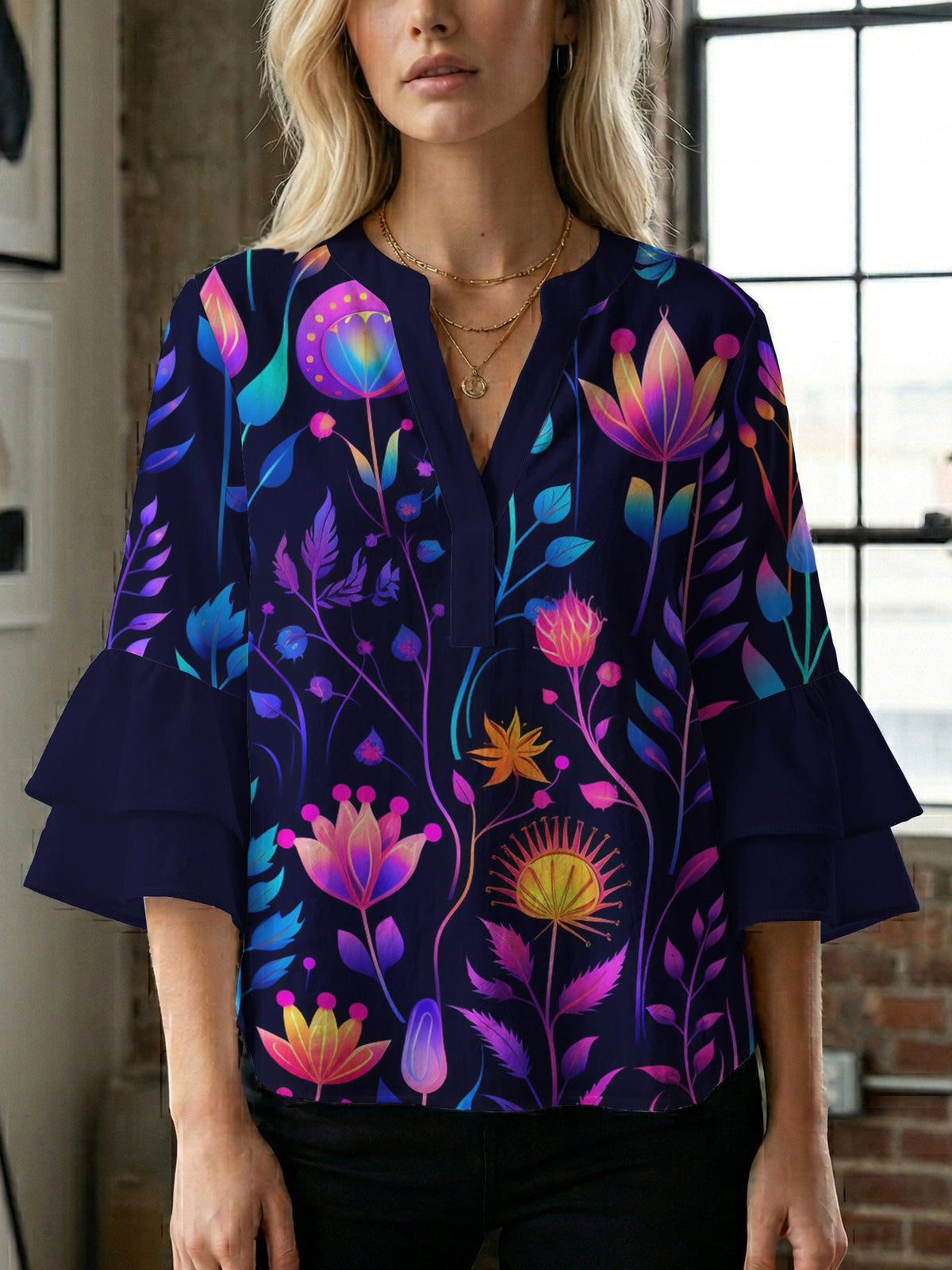 Women's Floral Blouse with Voluminous Sleeves