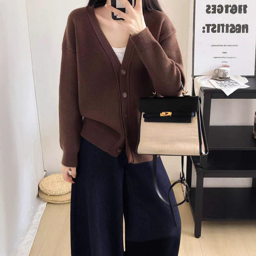 Women's Chunky Knit Cardigan with Deep V-Neck and Large Button Details