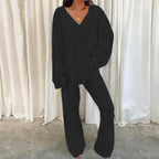 Women Comfortable Fleece Loungewear Set with V-Neck