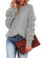 Women's Elegant Knit Sweater with Airy Crochet Texture and Wide Sleeves