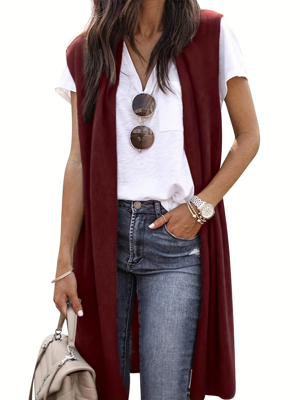 Women's Longitudinal Knit Coat with Side Slits