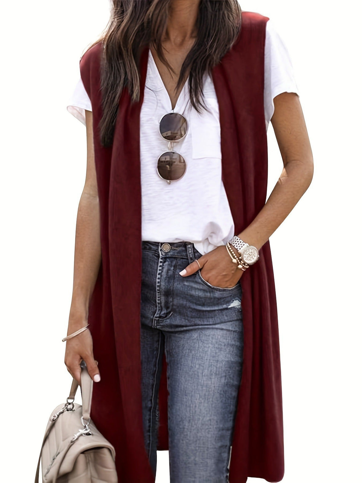 Women's Longitudinal Knit Coat with Side Slits