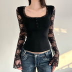 Women's Elegant Long-Sleeve Shirt with Lace and Button Details