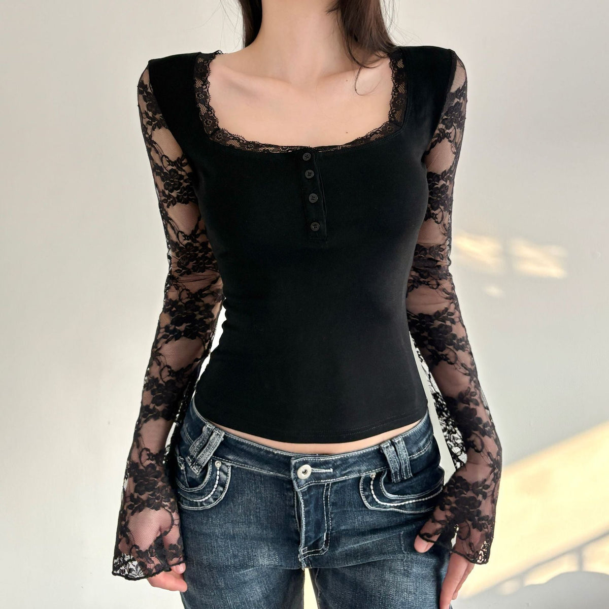 Women's Elegant Long-Sleeve Shirt with Lace and Button Details