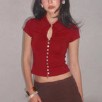 Women's Tasteful Short-Sleeve Shirt with Keyhole Neckline and Button Details