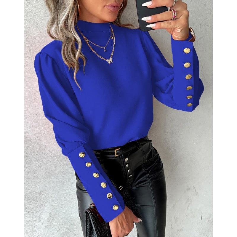 Elegant Blouse with Puff Sleeves and Gold Button Details