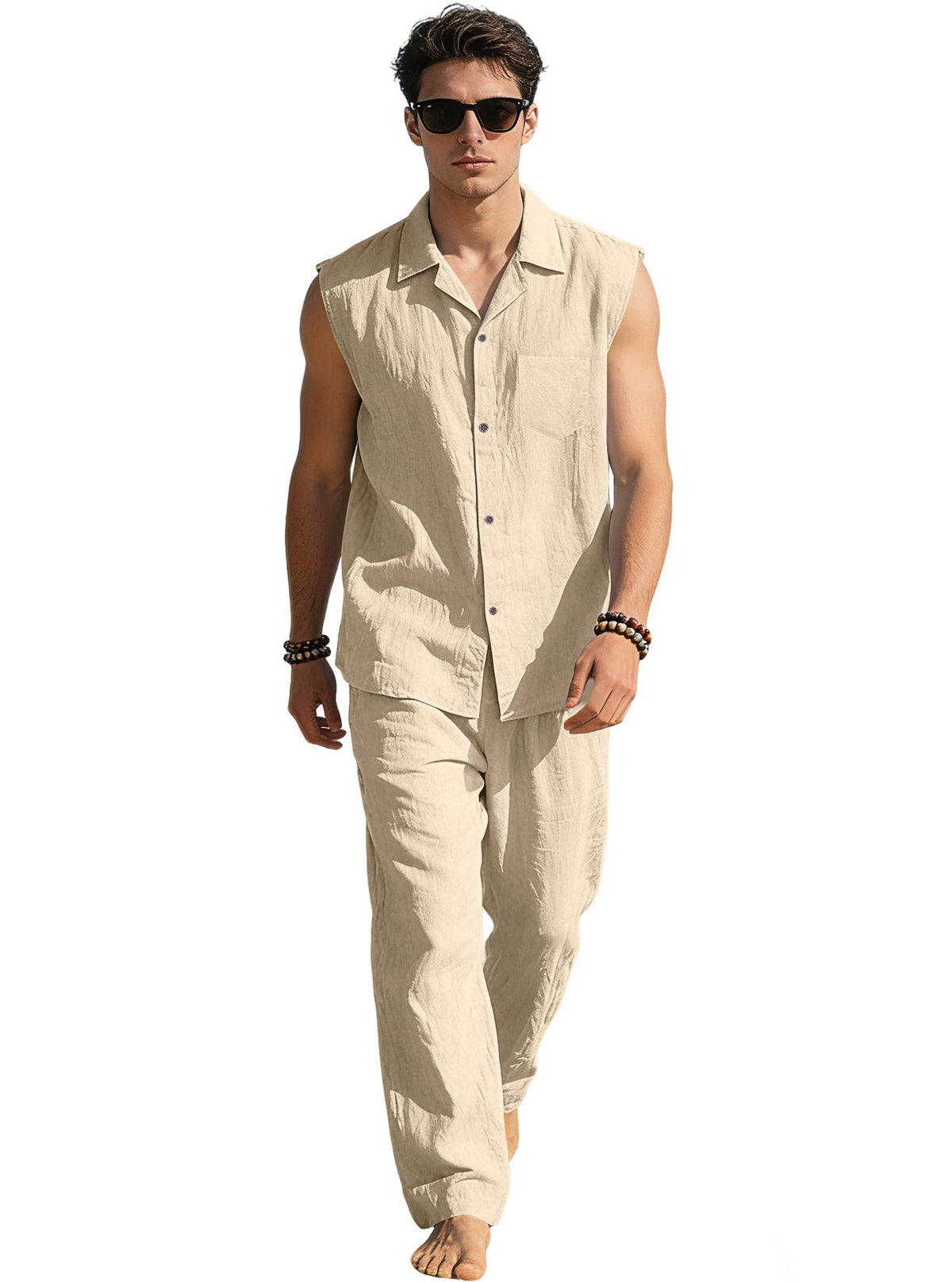 Men's sleeveless linen leisure set with lapel collar, chest pocket, and straight pants