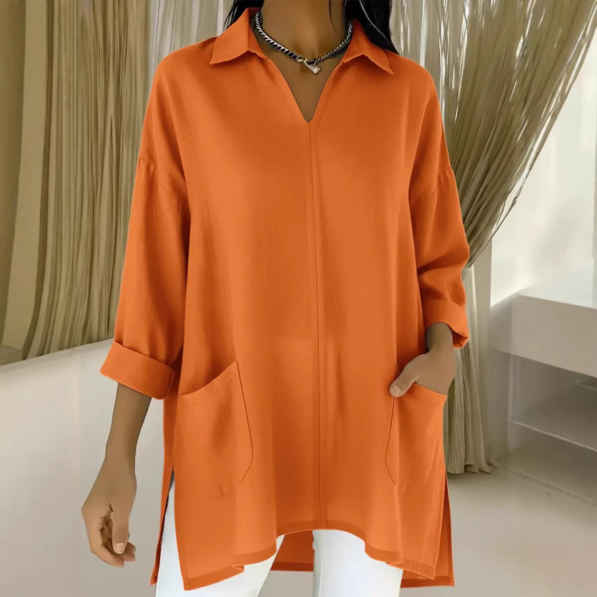 Women's Long-Sleeve Blouse with V-Neck and Pockets
