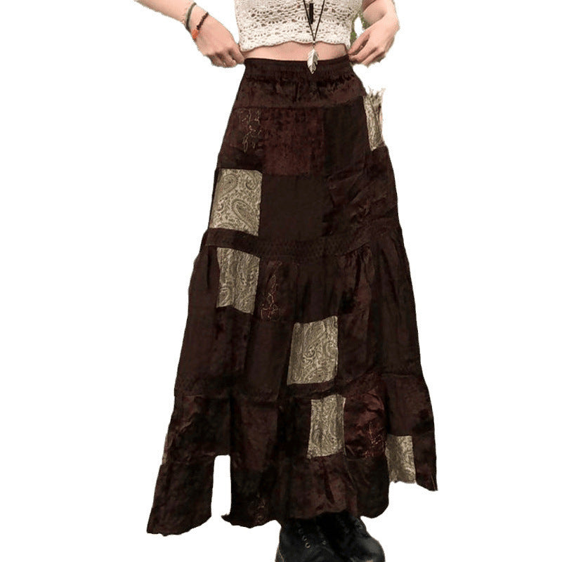 Women's Floral Patchwork Maxi Skirt with Voluminous Hem