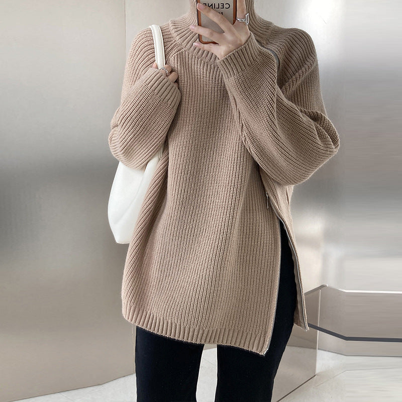 Women's Flair Sweater with Asymmetric Cut and Stand-Up Collar
