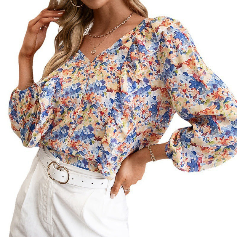 Women's Blouse with Ruffles and Floral Pattern