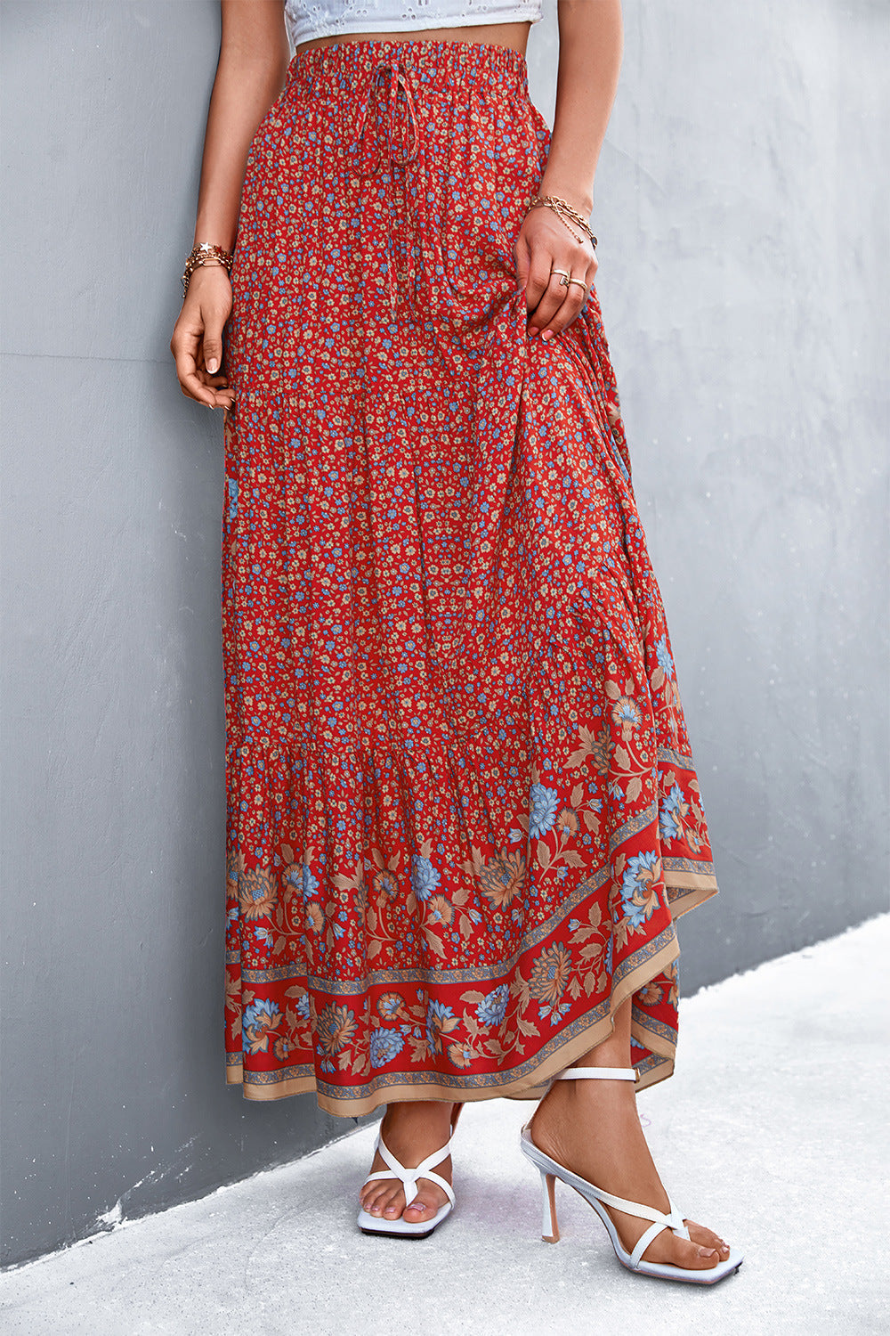 Floral Pattern Maxi Skirt with Elastic Waistband