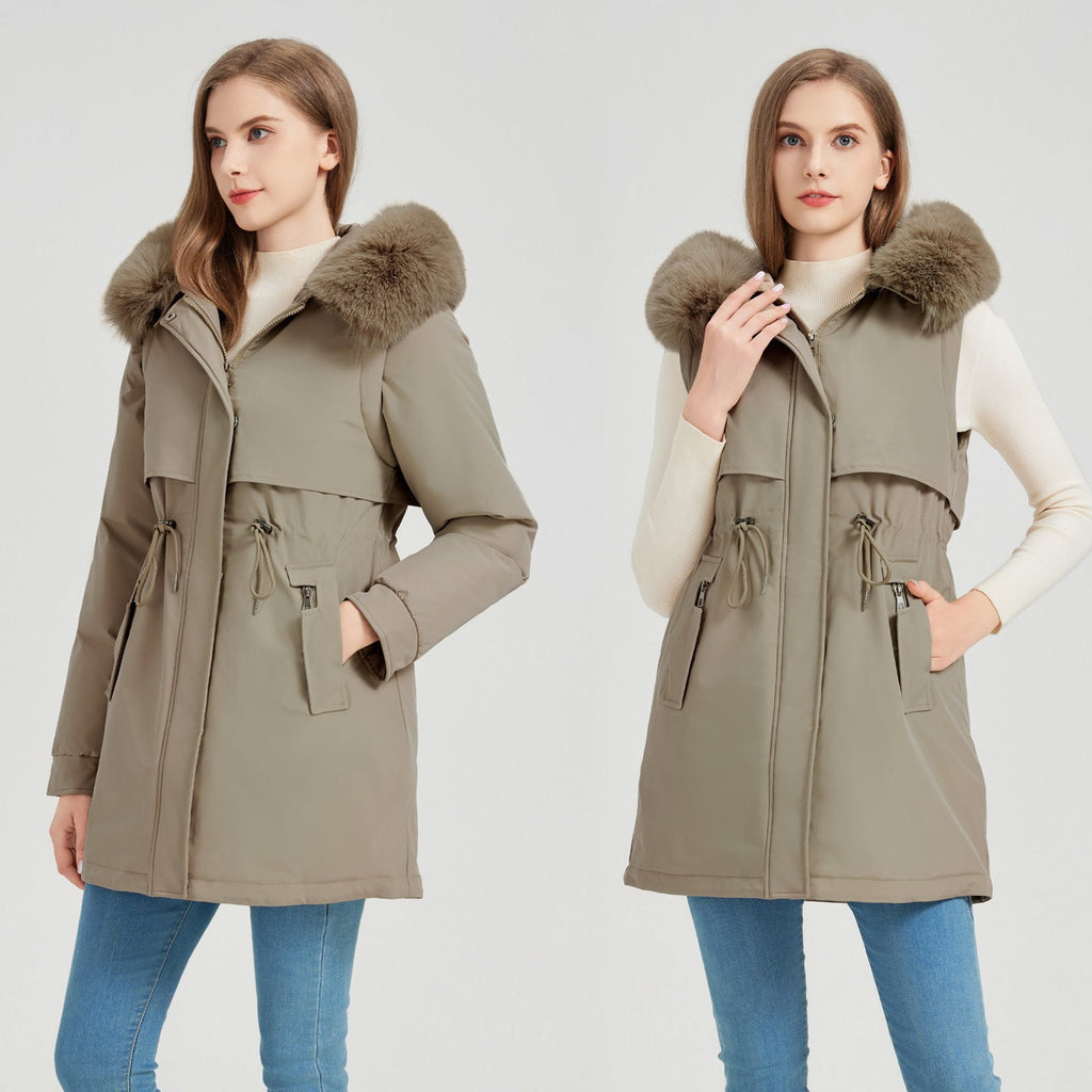 Women's Functional Parka with Detachable Faux Fur Collar and Waist Drawstring