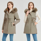 Women's Functional Parka with Detachable Faux Fur Collar and Waist Drawstring