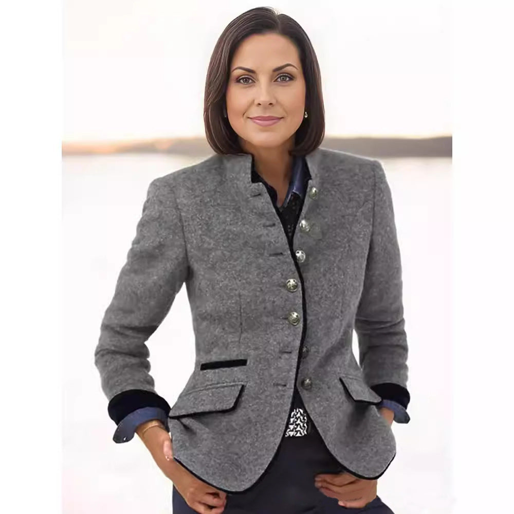Elegant Blazer with Buttoned Stand-Up Collar and Contrasting Pockets