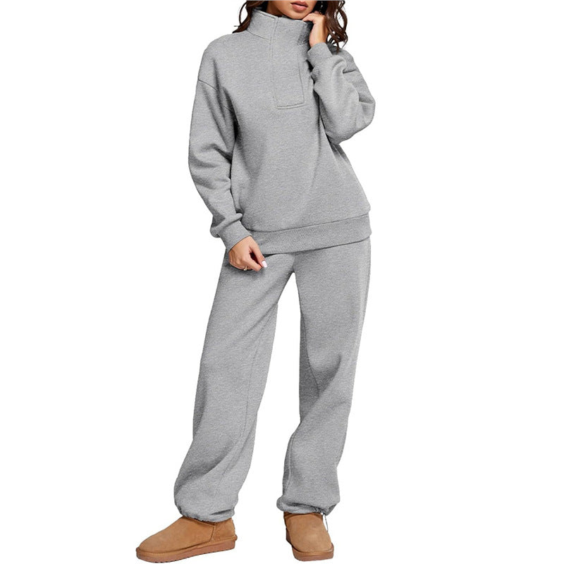 Women's Comfortable Lounge Set with Stand-Up Collar and Wide-Leg Pants