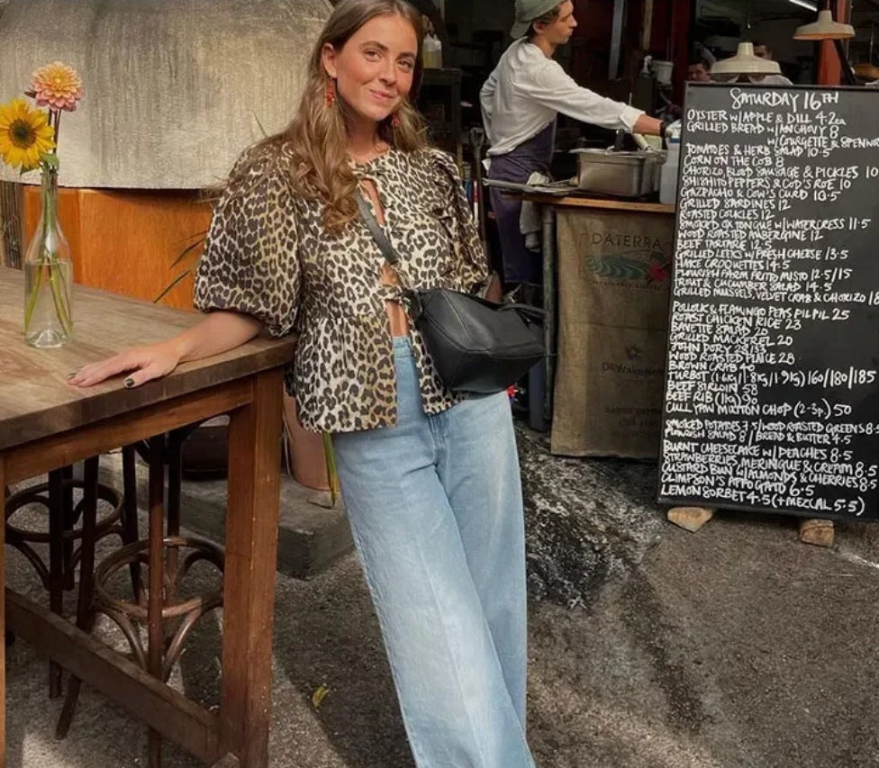 Leopard Print Short-Sleeve Blouse with Playful Ruffles