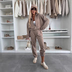 Women's Cozy Leisure Suit with High Neck and Patch Pockets