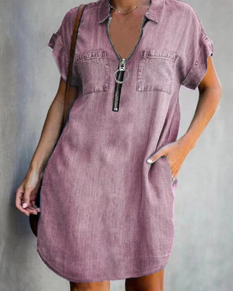 Women's Chambray Dress with Zipper and Pockets