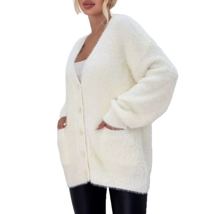 Women's Fluffy Cardigan with Large Pockets
