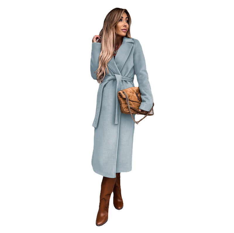 Elegant Long Coat with Belt and Open Pockets