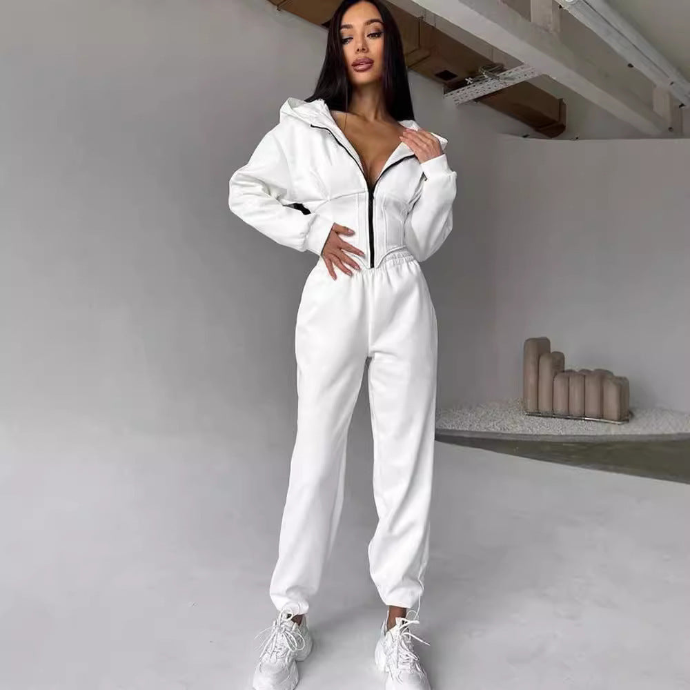Women's Casual Utility Jumpsuit with High Collar and Zipper