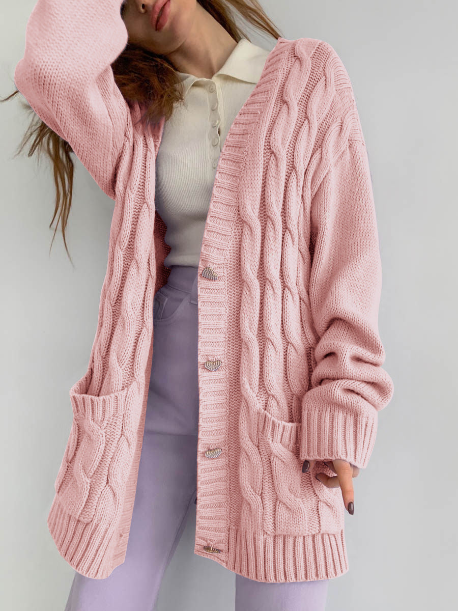 Women's Chunky Knit Cardigan with Heart-Shaped Buttons and Side Pockets