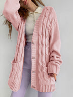 Women's Chunky Knit Cardigan with Heart-Shaped Buttons and Side Pockets