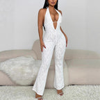 Elegant Jumpsuit with Deep V-Neck and Lace Details