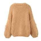 Women's Polka Dot Knit Sweater with Voluminous Sleeves and Floral Design