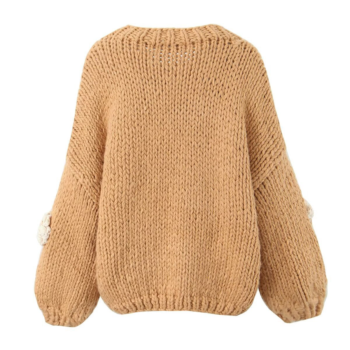 Women's Polka Dot Knit Sweater with Voluminous Sleeves and Floral Design
